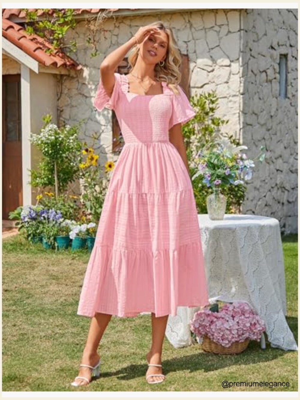 Summer Midi Dress with Pockets, Smocked Bust, Ruffle Tiered Boho Style - Picture 5 of 7